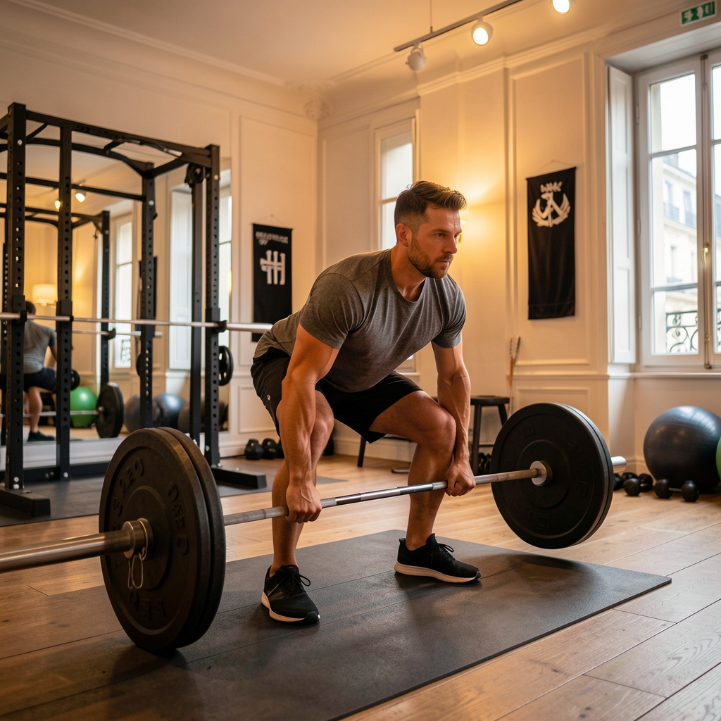 Client performing deadlift in a private Parisian training studio under warm overhead lighting, barbell loaded with weight plates