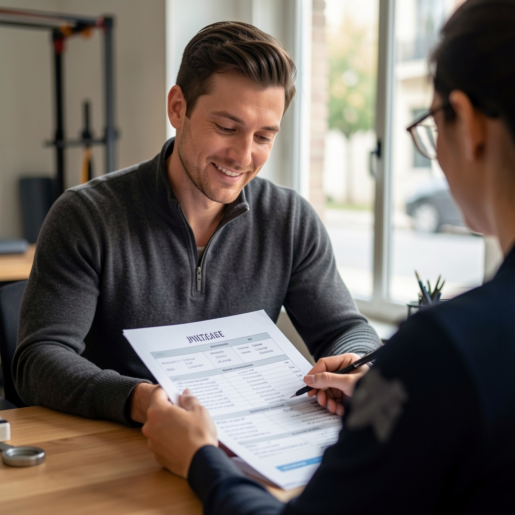 Coach conducting an intake assessment with a client at a desk in a Paris training studio, reviewing a printed movement screening form together