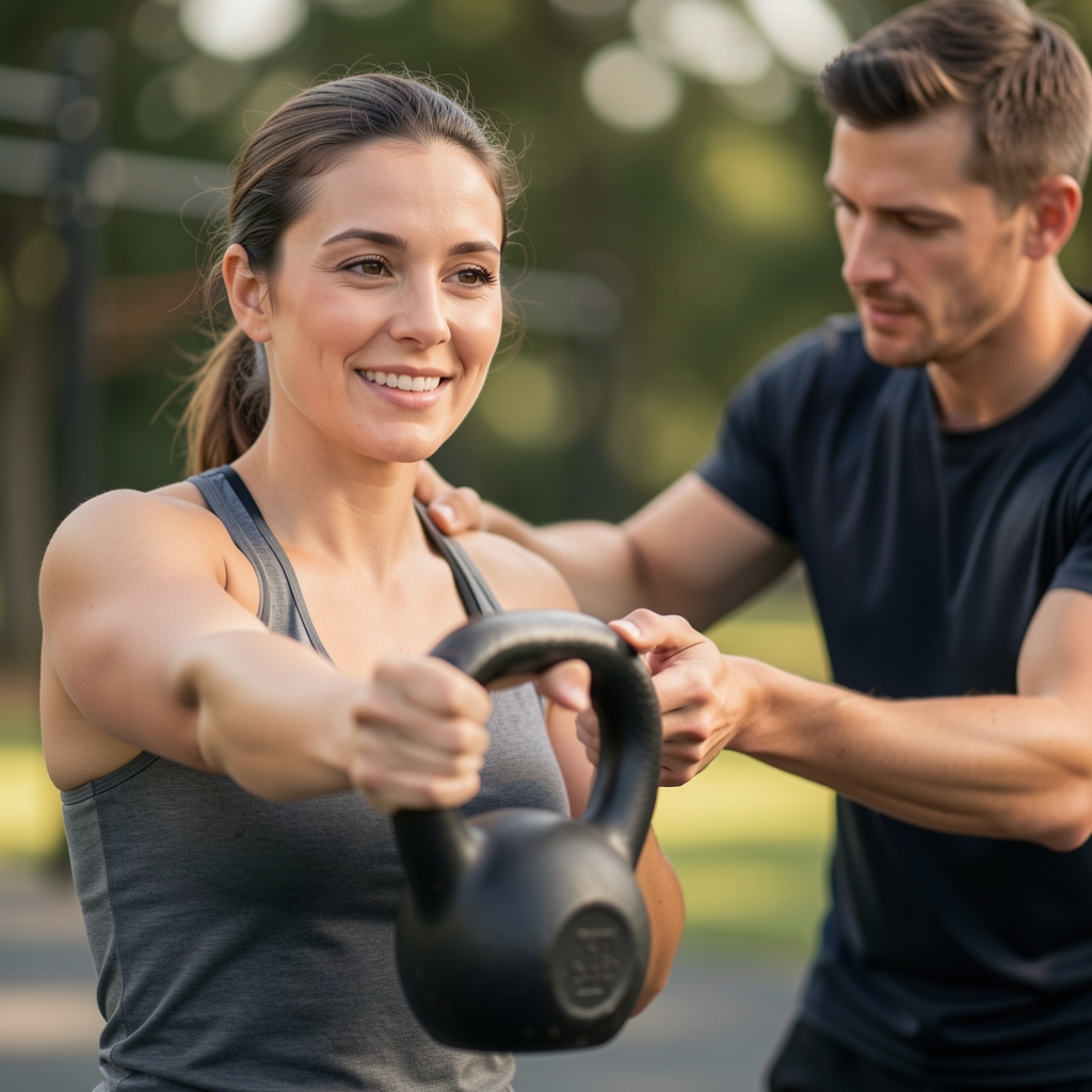 Two people during a one-to-one personal training session, client performing a kettlebell swing with coach providing form correction guidance