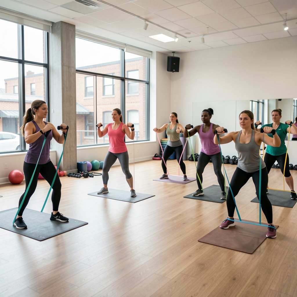 Small group fitness class in session, participants performing functional movement drills with resistance bands in an open studio space