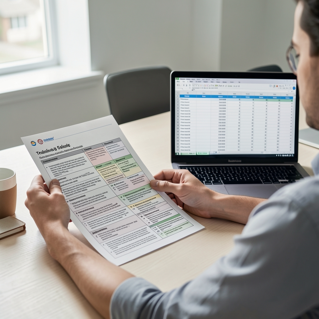 Person reviewing a detailed training plan printed on paper at a clean desk, with a laptop open to a training log spreadsheet beside them