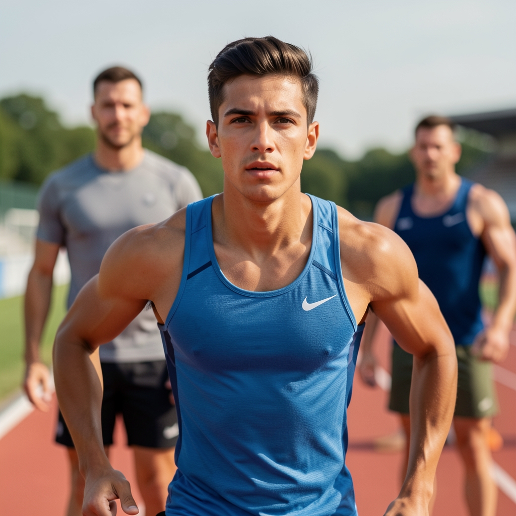 Athlete performing a sprint on an outdoor track at a Paris sporting facility during a sports conditioning session with a coach observing