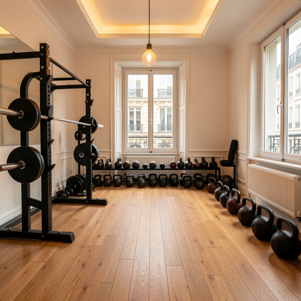 Wide-angle view of a private Parisian training studio with wooden flooring, barbell rack, kettlebells arranged in order, and warm overhead lighting