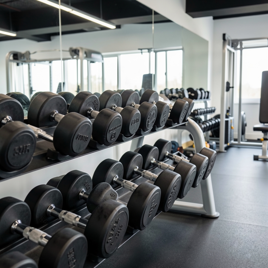 Detail shot of dumbbell rack with weights neatly organised in a clean training studio environment