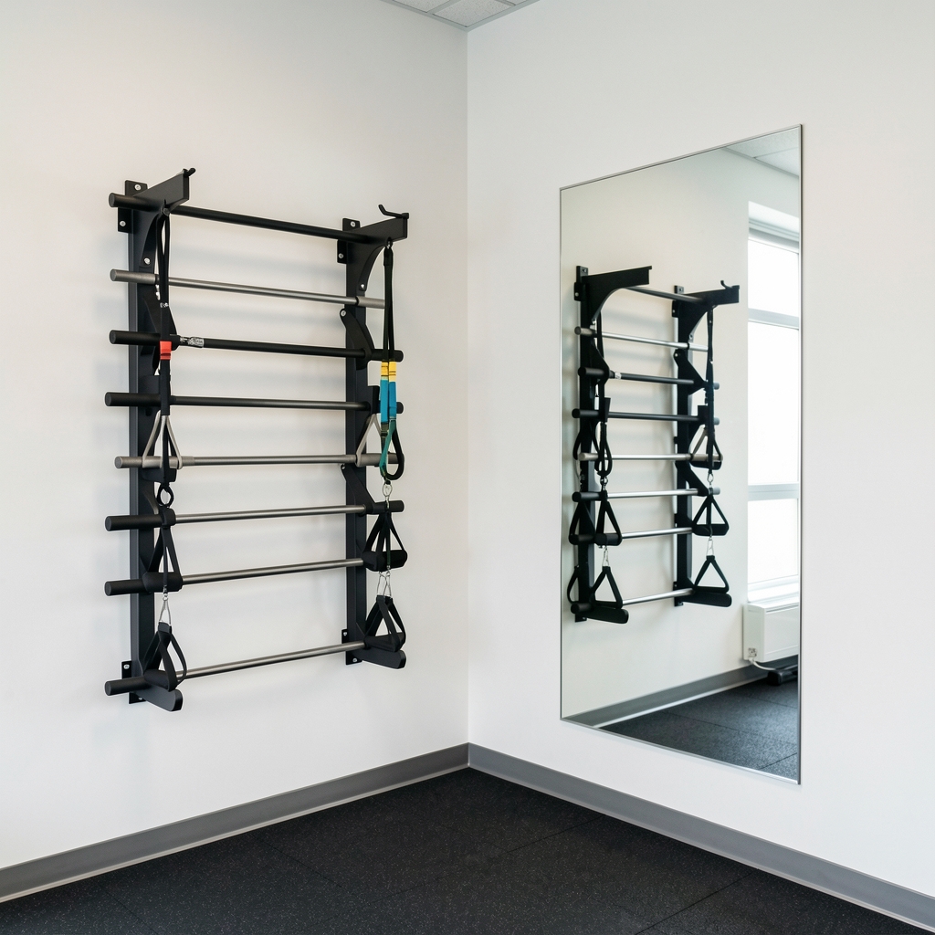 Corner of a personal training studio showing a resistance band rack mounted on a white wall beside a full-length mirror